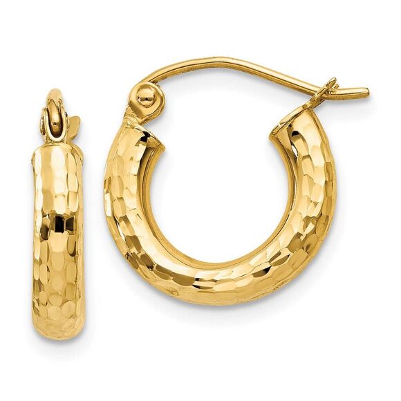 3mm x 14mm 14k Yellow Gold Diamond-cut Round Hoop Earrings